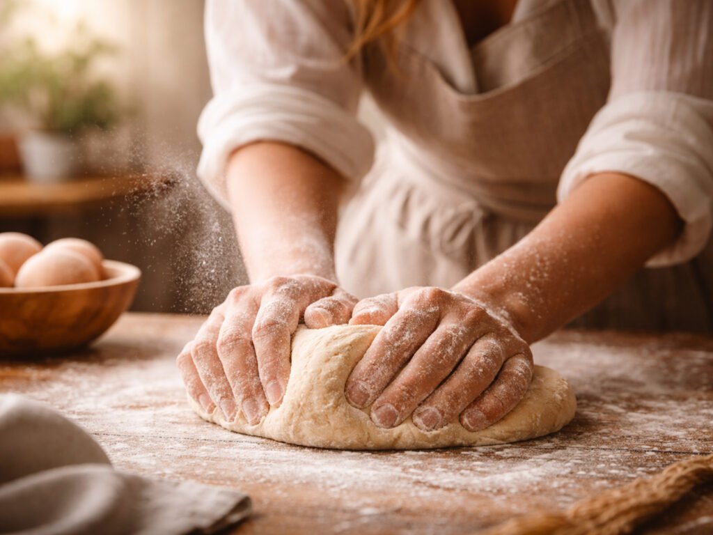 Hands kneading dough on a surface, with flour visible and soft natural light