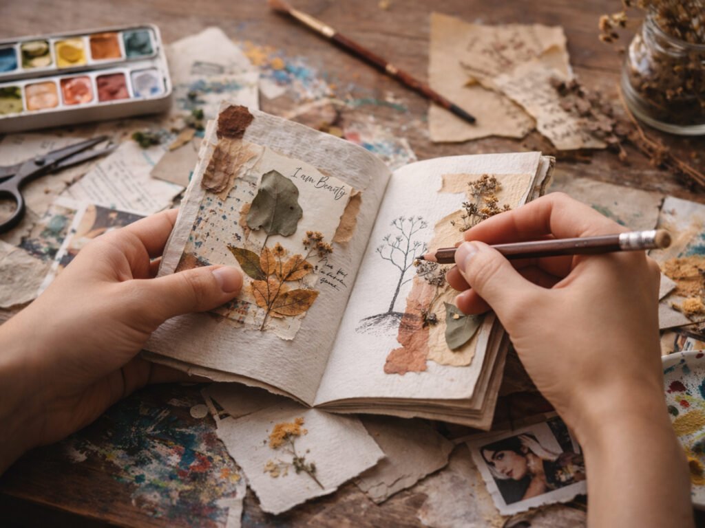Hands creating a collage in a folded paper booklet with cut-outs and materials spread on a table