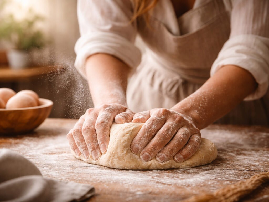 Hands kneading dough on a surface, with flour visible and soft natural light
