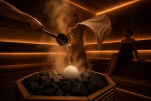 A guided Aufguss sauna experience at Through the Heat in Perth, with aromatic steam rising from a snowball on hot stones as towel rituals create an immersive atmosphere.