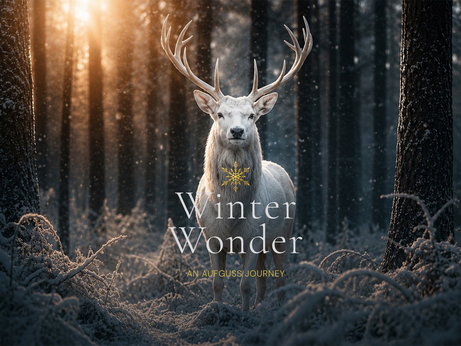 A majestic white stag standing in a snow-covered ancient forest at sunrise, representing the Through The Heat - Winter Wonder guided Aufguss journey by Wild Within Experiences in Perth.