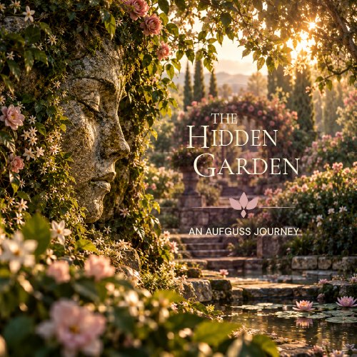 Lush sunlit garden with flowers, a lily pond and a serene face emerging from the foliage, created for The Hidden Garden Aufguss journey.